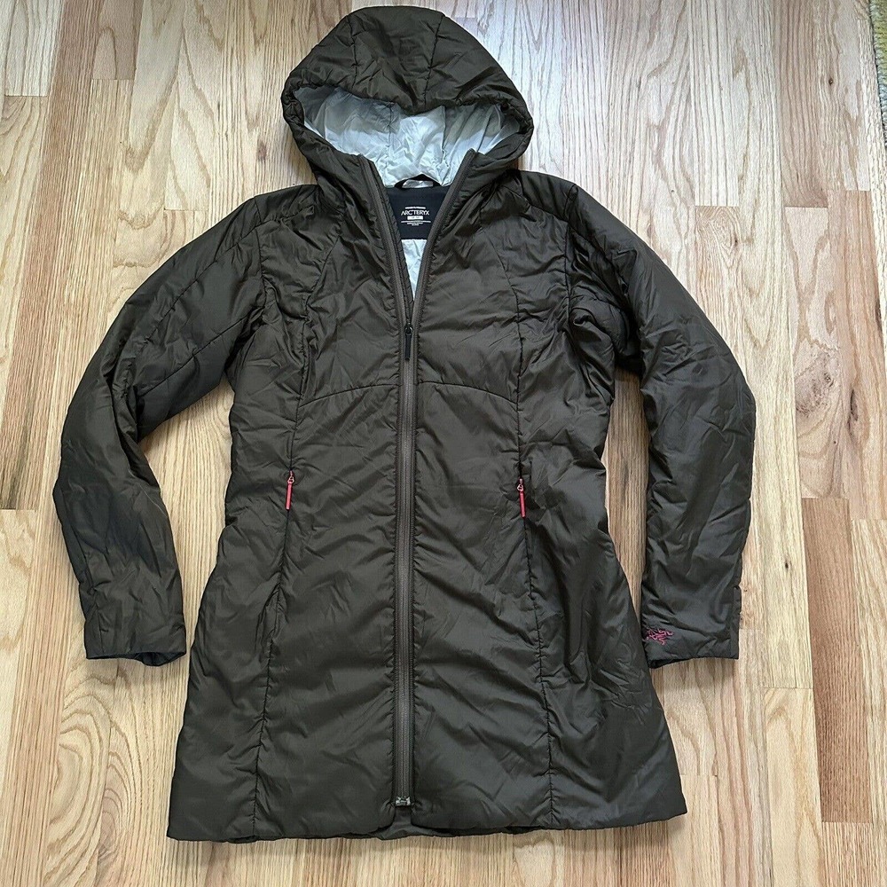 Women's Arc'teryx Mota Chocolate Brown Red Long Insulated Parka Coat Jacket Sz M